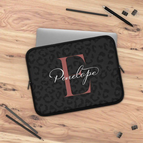 Dark Leopard Monogram Name Laptop Sleeve